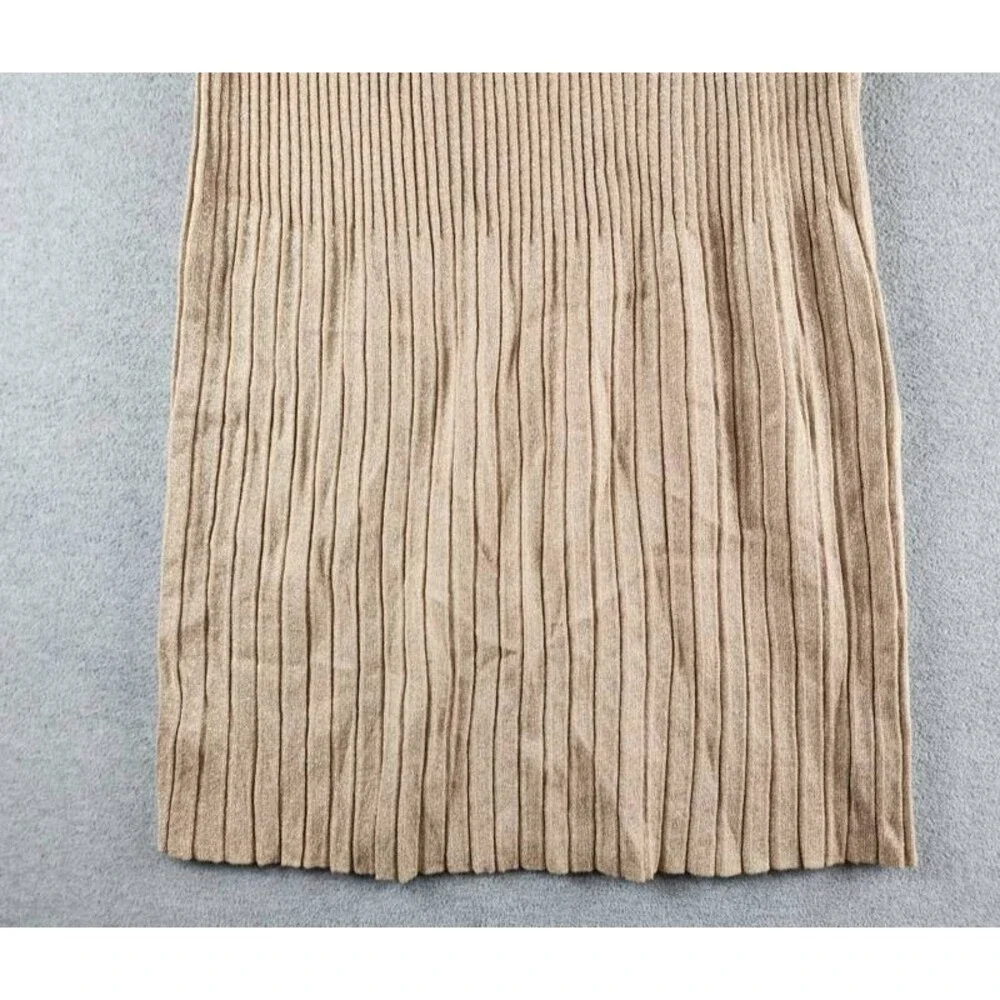 T Tahari Metallic Pleated Pull-On Midi Skirt Women's M Gold Ribbed Elastic Waist